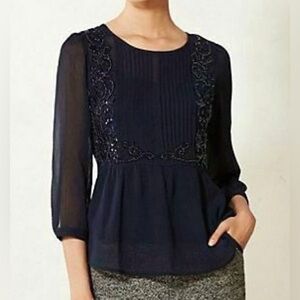 Anthropologie Maeve Helene Embellished Peplum Blouse | Navy | Size 4